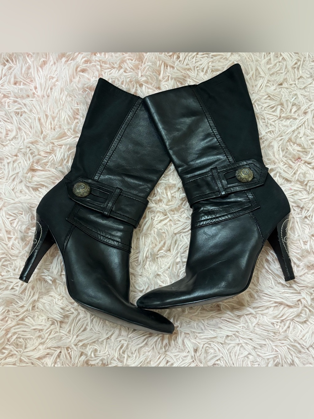 Nine West Black Leather Mid-Calf Heeled Boots with Button Accent